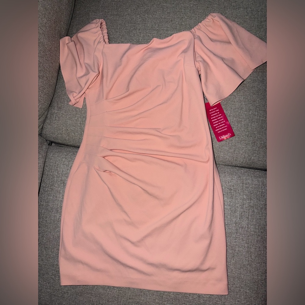 Badgley Mischka Pink Off-Shoulder Puff Sleeve Mini Dress